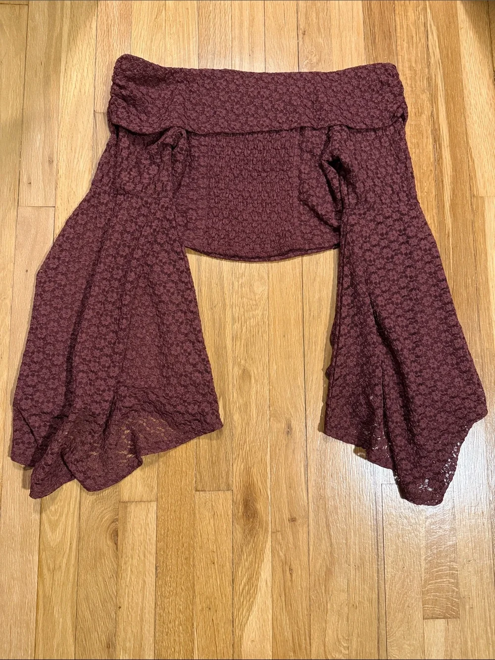 Free People Lola Off the Shoulder Lace Top Bell Sleeves Burgundy L